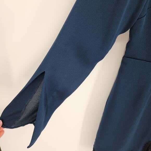 Keepsake The Label Mini Dress M Satin Lace Trim Long Flare Sleeve Blue Black - Picture 15 of 15